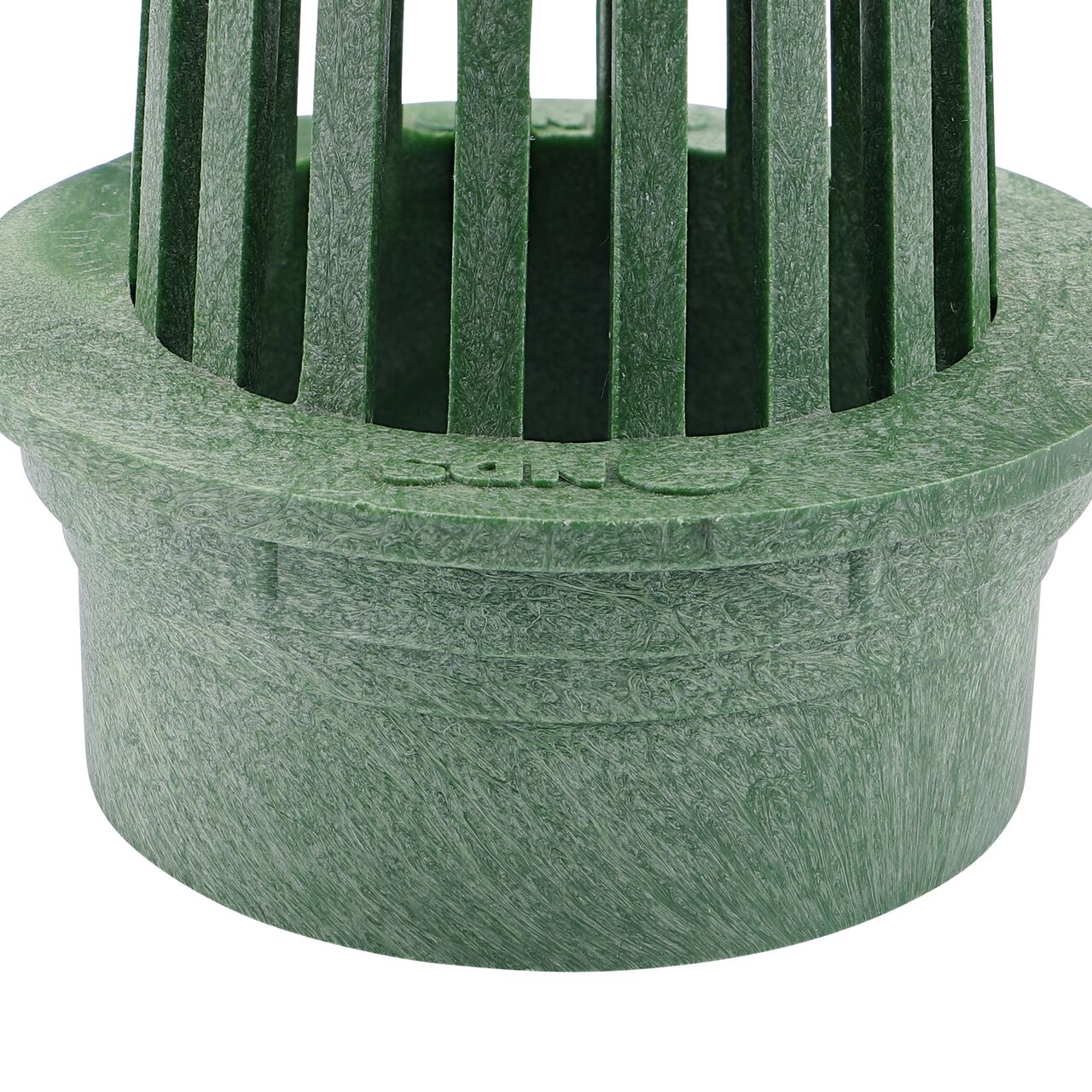 Closeup of the wording or branding of the NDS Green Plastic 3 in. Atrum Grate (NDS 70)