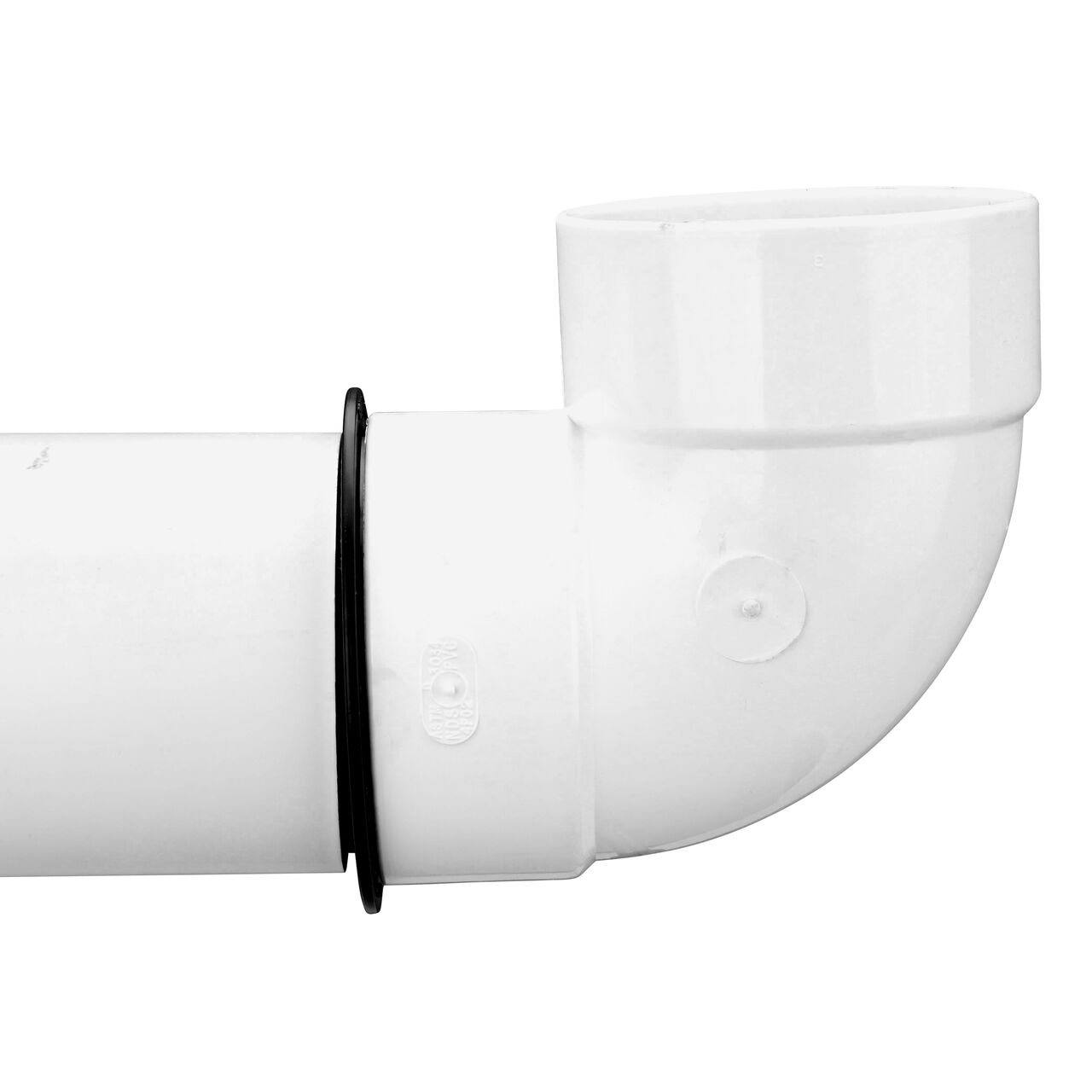 NDS Fitting Adapter (NDS 1241) connects the 4 in. PVC S&D 90° Elbow, 3 in. Hub X Hub (NDS 4P02) to 4 in. S&D pipe