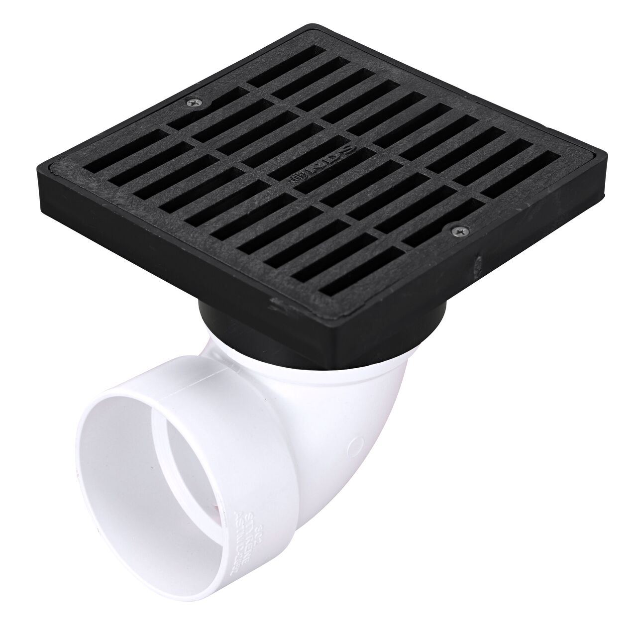 NDS 6 in. Square Grate with Low-Profile Adapter installed on 3 in. Sewer and Drain Fitting, or Elbow (NDS 640*, NDS 640)