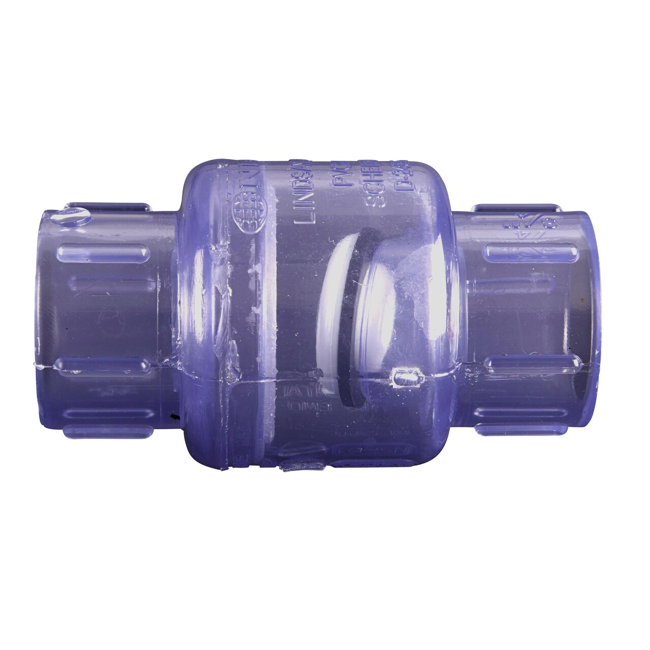 Side to side view of the NDS Clear 3/4 in. slip end by slip end PVC Swing Check Valve (NDS 1520C07) which prevents backflow in pipelines