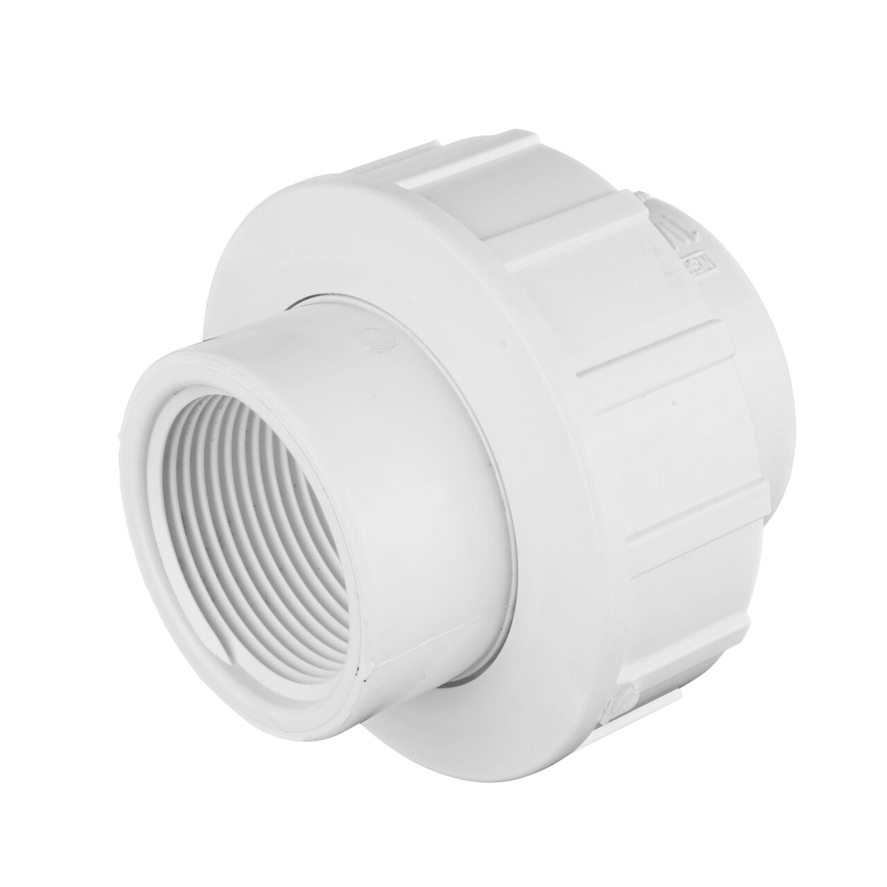 One end of the PVC Union, 1-1/4 in. Sch. 40 FPT X FPT which connects two 1-1/4 in. Sch. 40 pipes together to allow water to flow through while preventing leaks (NDS WU-1250-T)