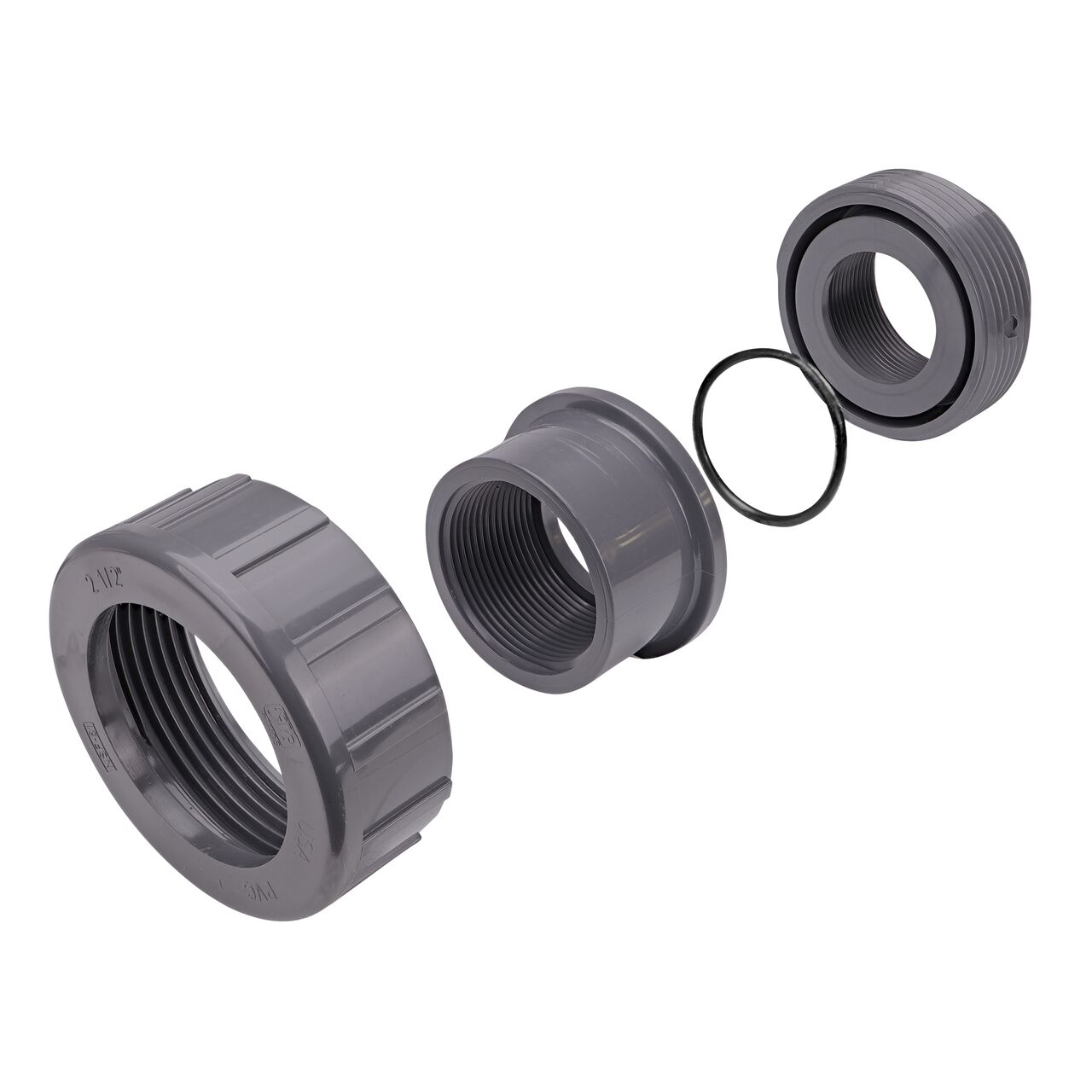The NDS 2-1/2 in. FPT PVC Union shown here unassembled, includes the EPDM O-ring that is placed in the center of the union to create a leak-resistant seal (NDS U-2500-T)