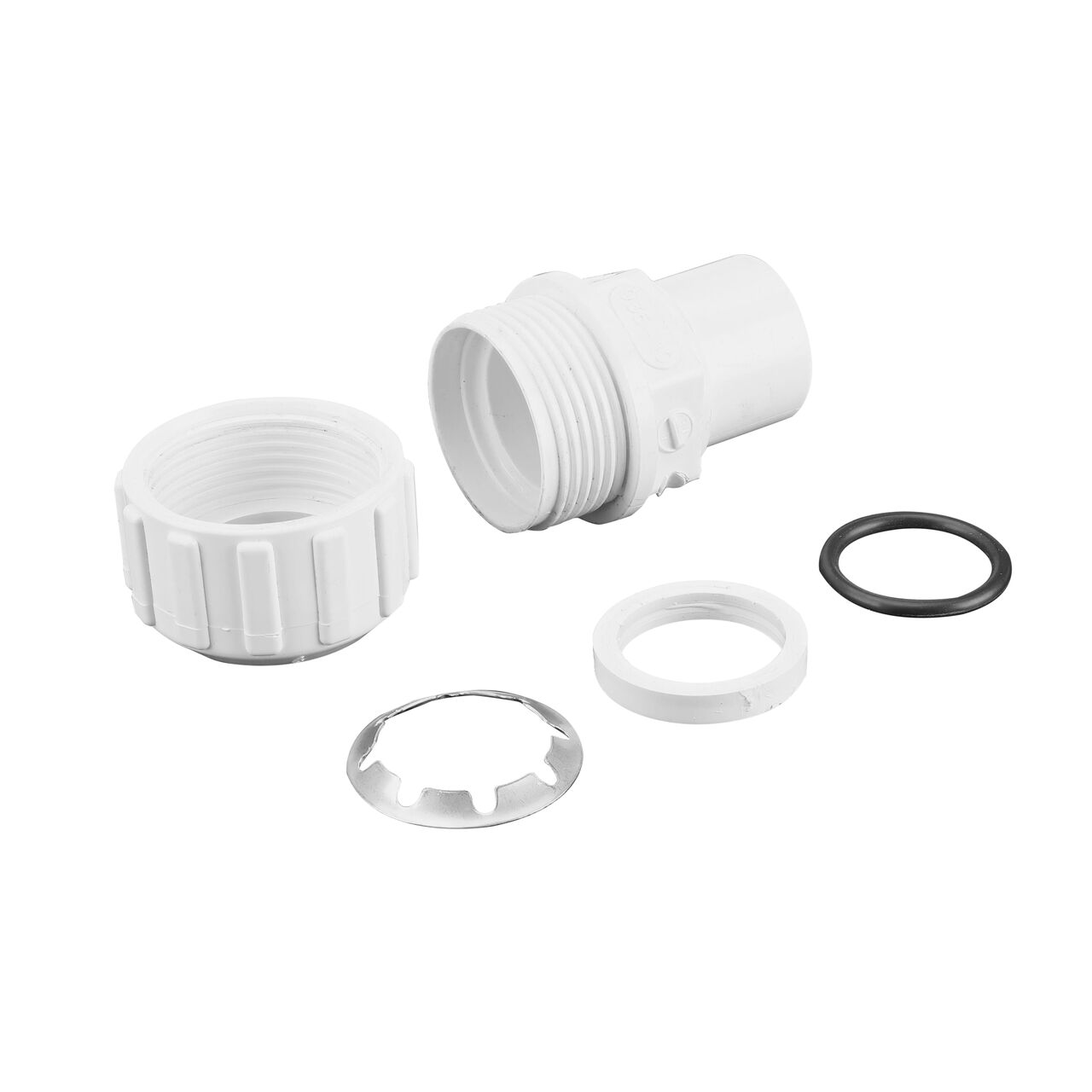 The NDS 1 in. CTS FPT X IPS Spigot Flo-Lock™ Gripper Adapter (NDS 935-10) fully unassembled showing the steel gripper, EPDM O-Ring and stiffner