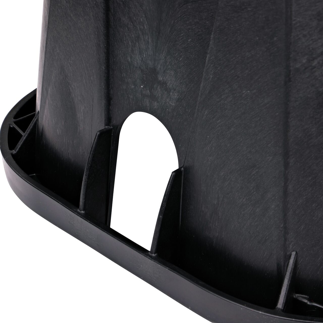 Closeup view of the pipe hole on the black NDS 14 in. X 19 in. Rectangular Pro-Spec Series Valve Box (NDS 313BCBT)