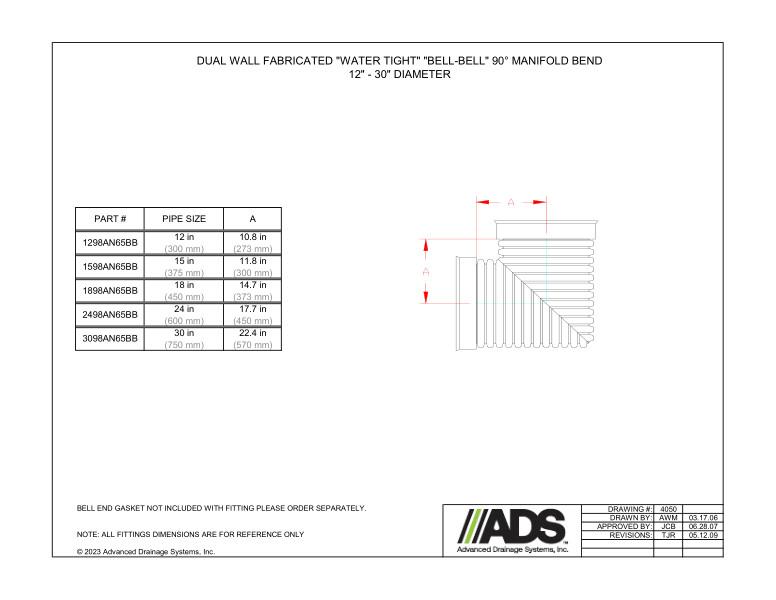12" - 30" Fabricated Water Tight Bell-Bell 90 Degree Manifold Bends (HDPE Dual Wall Fabricated Manifolds Fittings)