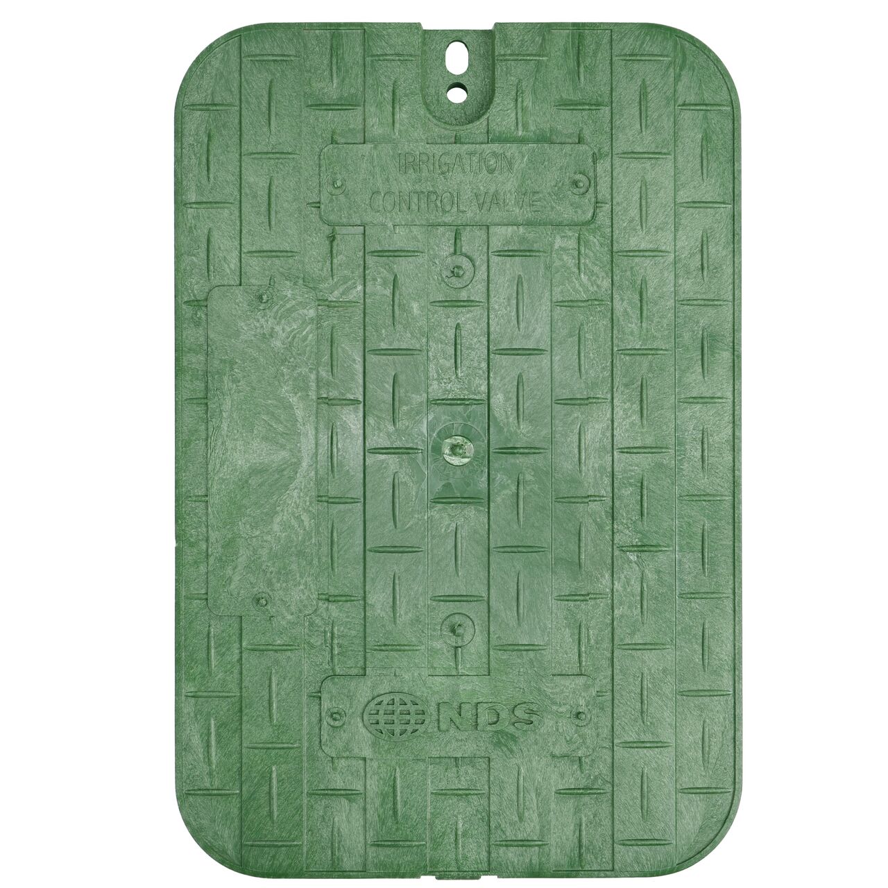 Top down view of the top side of the Green Irrigation Control Valve cover for the NDS 14 in. X 19 in. Rectangular Standard Series (NDS 113BCD) shows markings for easy identification