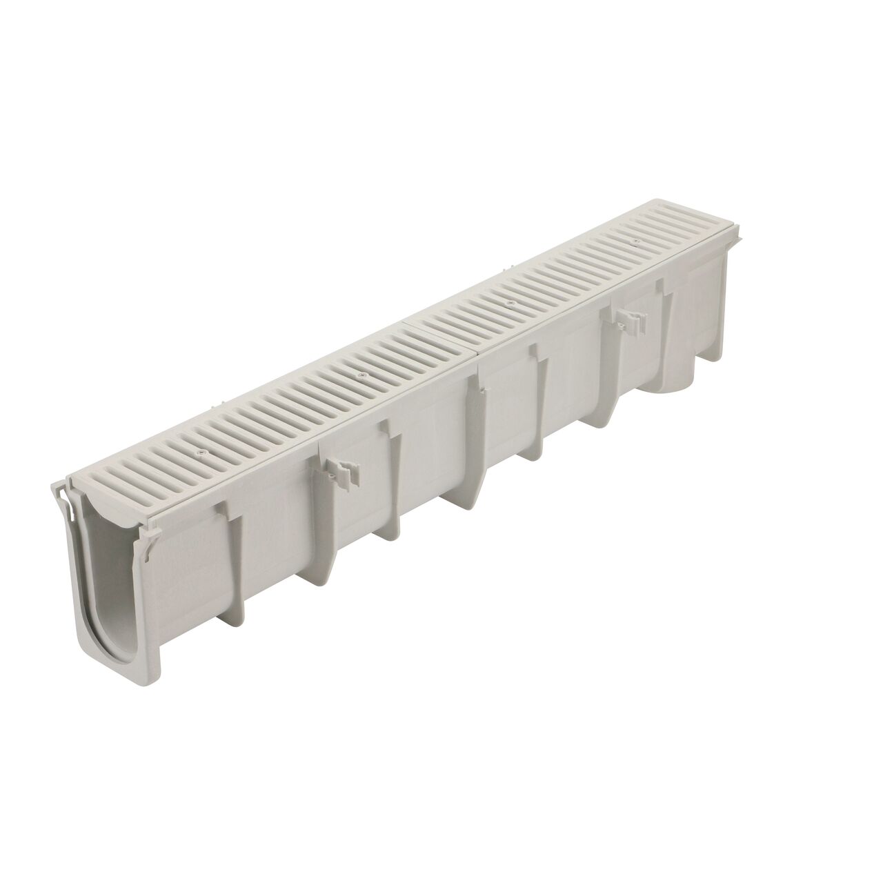 The NDS 8.37 in. to 8.70 in. Deep Dura Slope Channel (NDS DS-104) with two Standard Dura Slope Light Gray Grates installed (NDS 661LG)