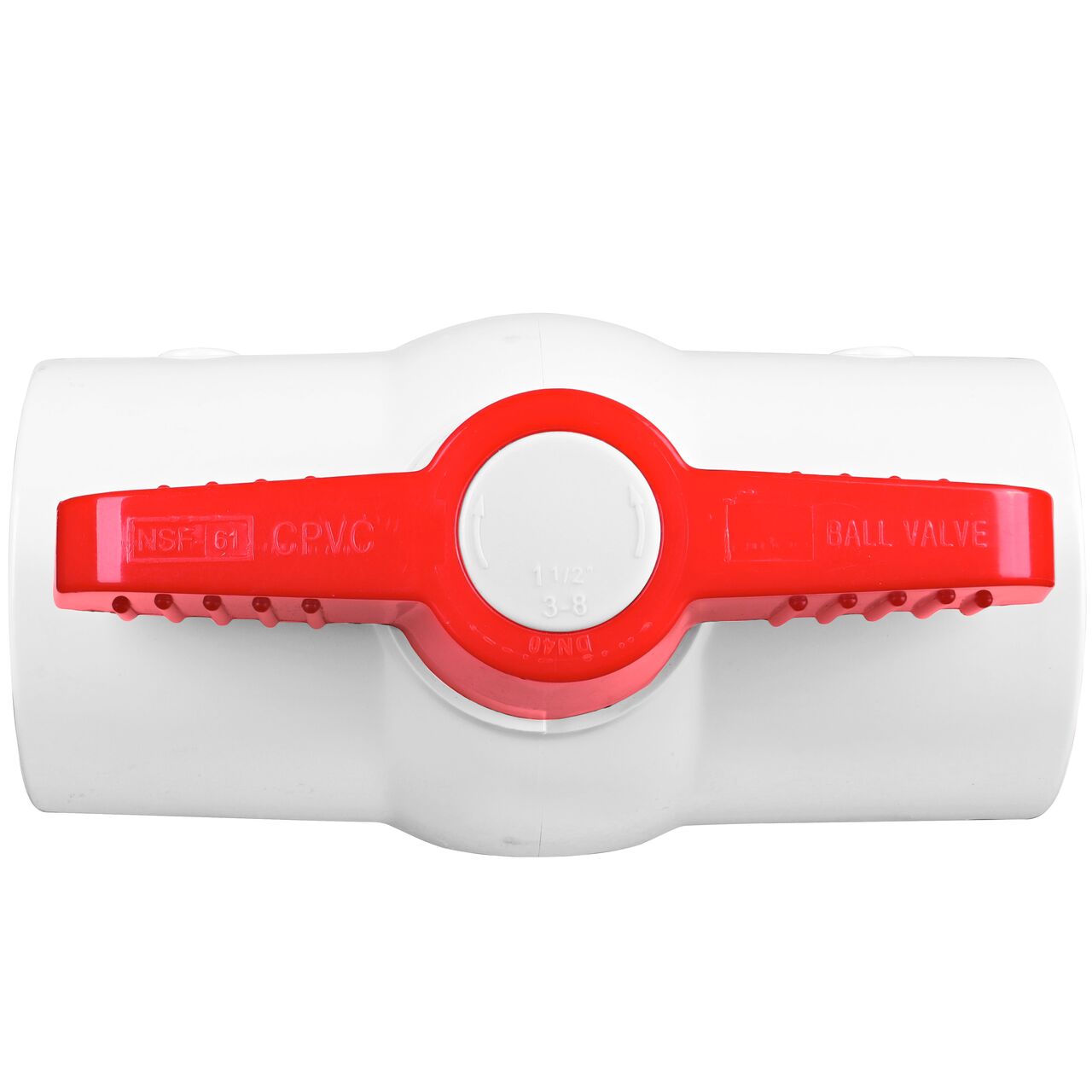 Closeup of the NDS CTS Ball Valve showing that the handle is made of durable CPVC material perfect for irrigation or other pressurized system (NDS C1310-15)