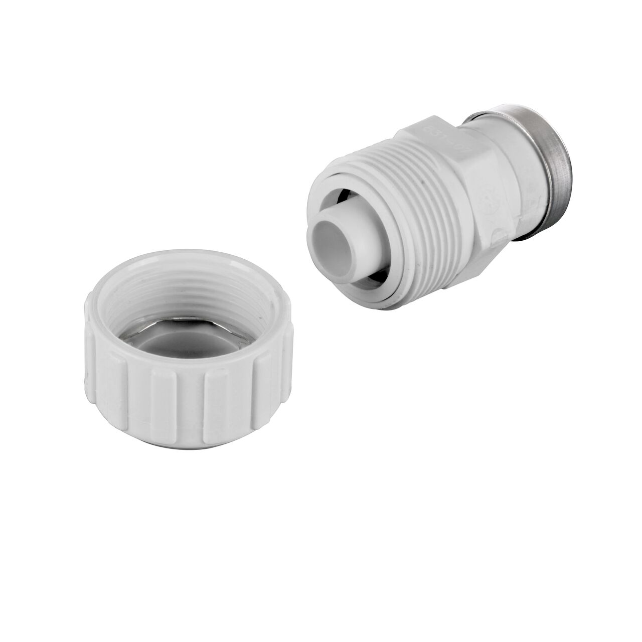 Unassembled NDS 3/4 in. SIDIR-7 FPT X 3/4 in. PE TS Flo-Lock™ Gripper Coupling for PE Pipe showing where the two ends come apart to secure the adapter to the pipe (NDS 831-07)