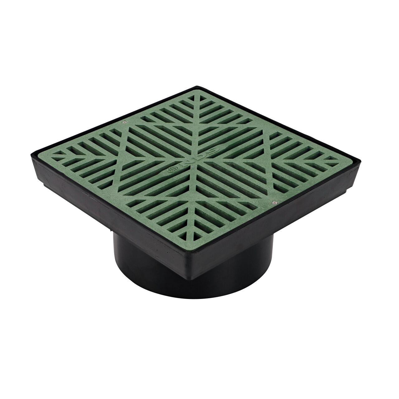 NDS 12 in. Square Low-Profile Adapter (NDS 1221, NDS 1222) with a 12 in. square green drain grate (NDS 1212*) installed on top, retail