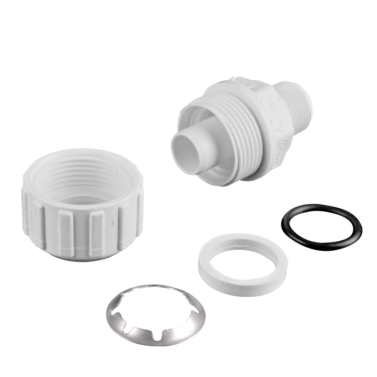 The NDS 3/4 in. SDR-9 CTS X 1 in. MPT Flo-Lock™ Gripper Adapter fully unassembled showing the steel gripper, EPDM O-Ring, and stiffner (NDS 730-71)