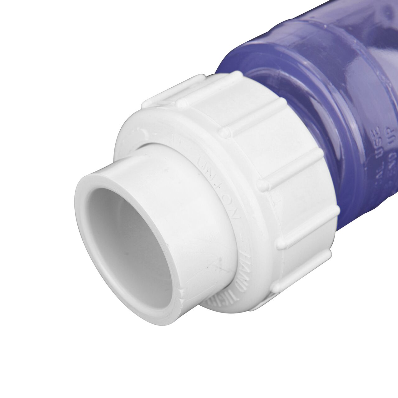 Closeup of the one end of the NDS Clear 1 in. IPS U X U PVC True Union Swing Check Valve (NDS 1720C10)