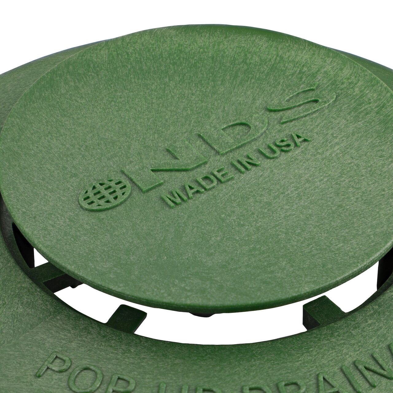 Closeup View of the Pop-Up Drainage Emitter for 3 in. & 4 in. Drain Fittings, Green Plastic (NDS 420) in the raised position