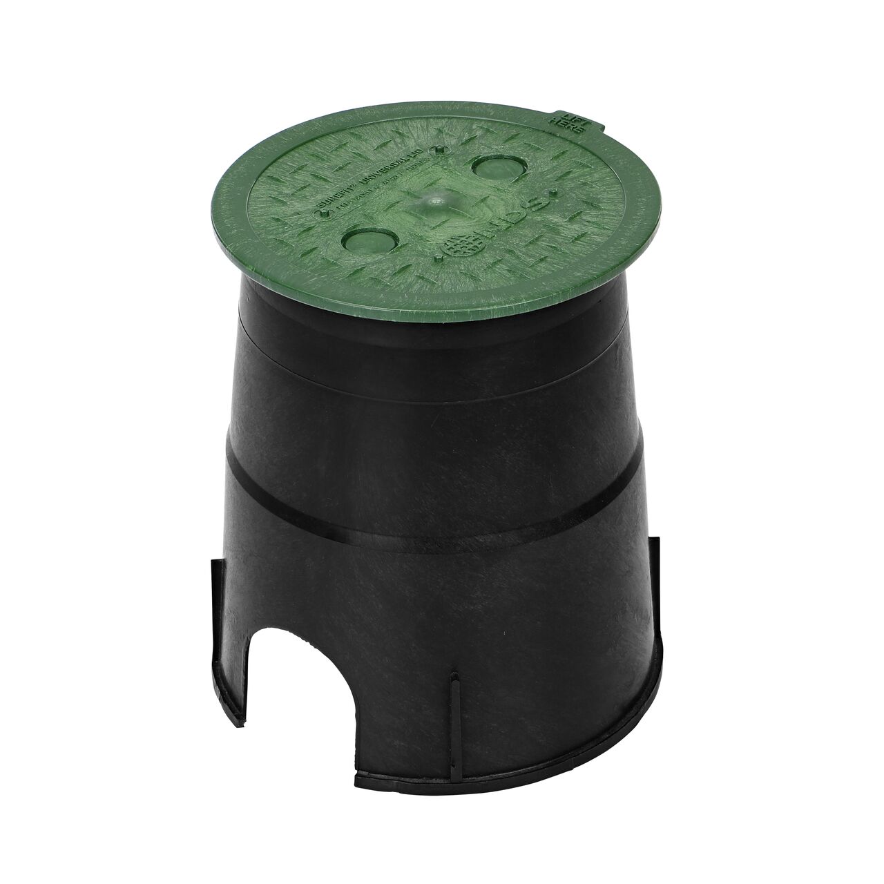 Alternate View of the 6 in. Round Surefit Universal Valve Box lid (NDS 6RND-UC) installed on a 7 in. black Orbit box