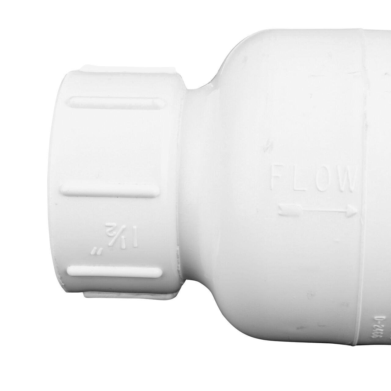Closeup of the arrow showing water flow on the NDS White 1-1/2 in. IPS FPT X FPT PVC Adjustable Spring Check Valve with 3-1/2-50 lb. Spring (NDS 1205-15)