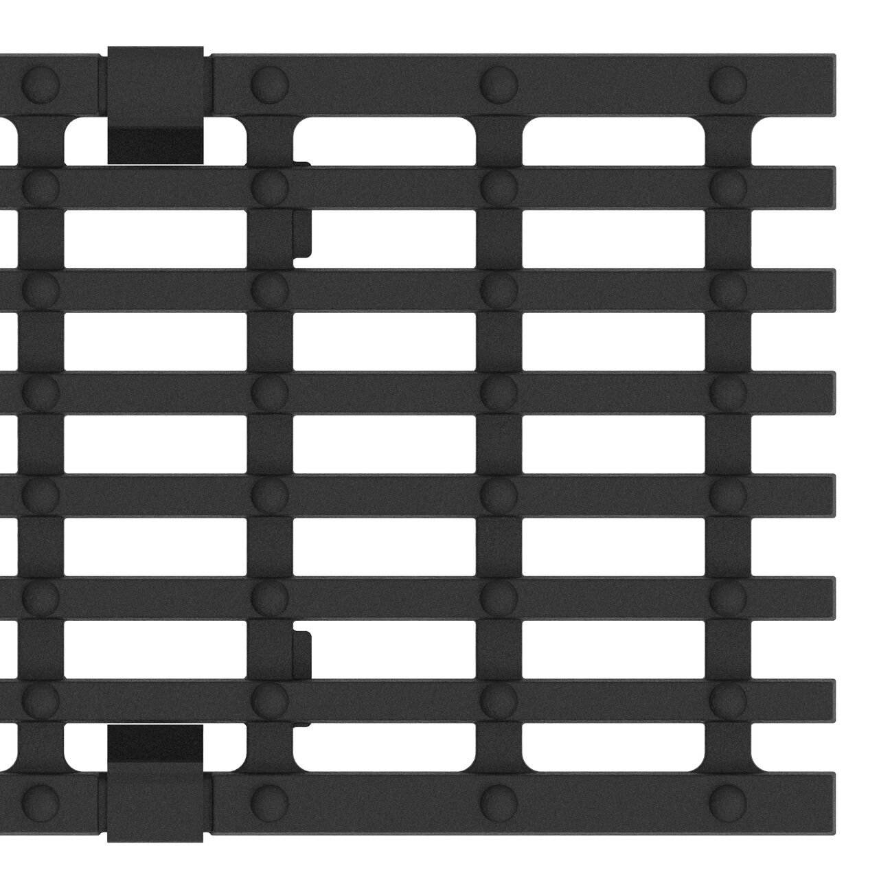 Closeup view of the end of the class D bar design ductile iron BG-FILCOTEN® 100 Trench Drain Grate (NDS 17010110) showing the edge and clips that secure to the channel trench drain
