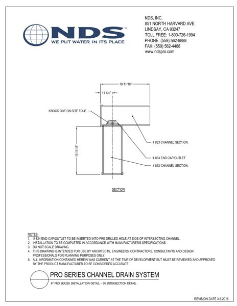 NDS 8 in. Pro Series™ Channel Drains 90 Degree Intersection Installation Detail