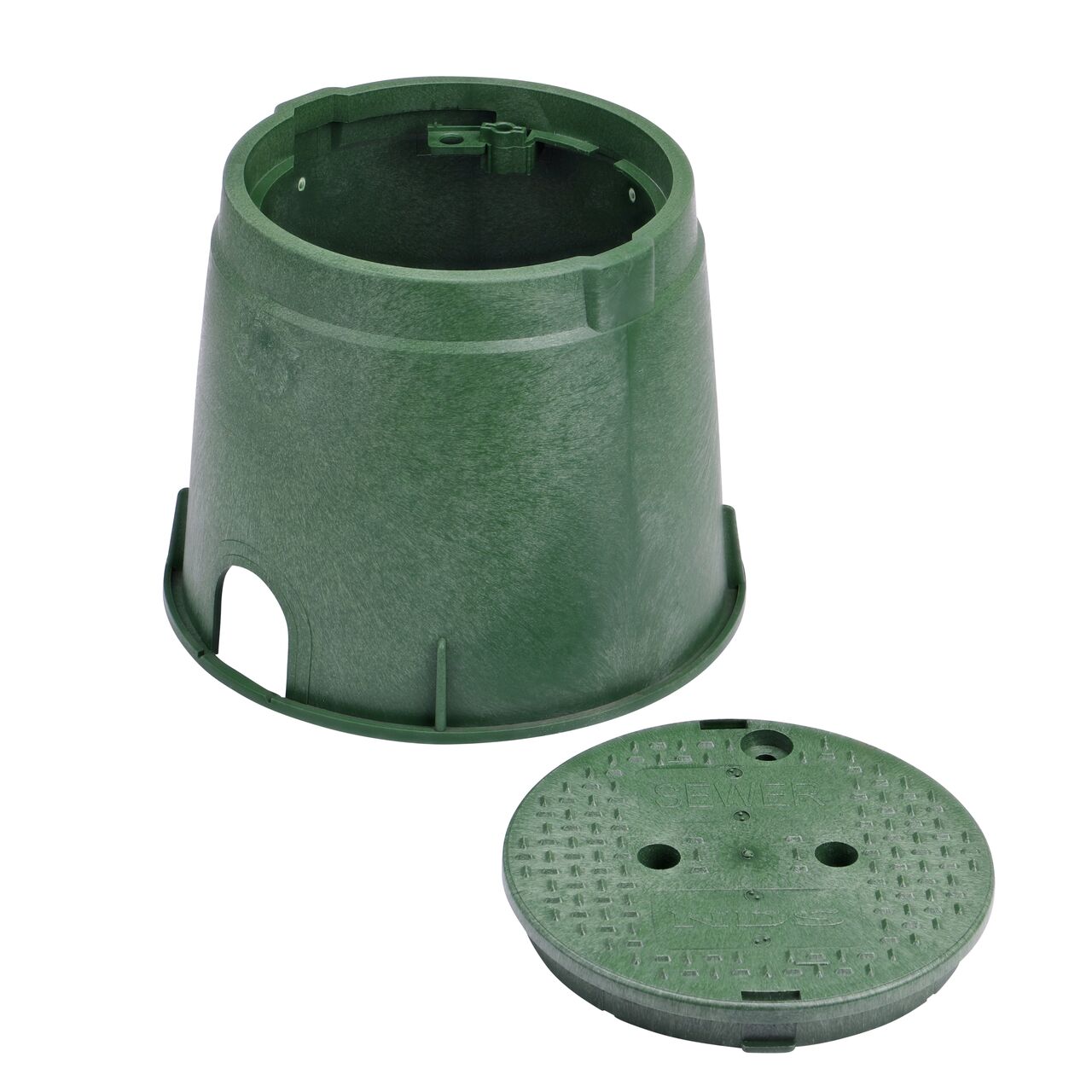 Unassembled View of the NDS 10 in. Round Standard Series Green Box and Green Sewer Cover (NDS 112BCS) showing the overlapping cover with a bayonet twist-lock lid featuring two finger slots, making it easy to remove or secure onto the box