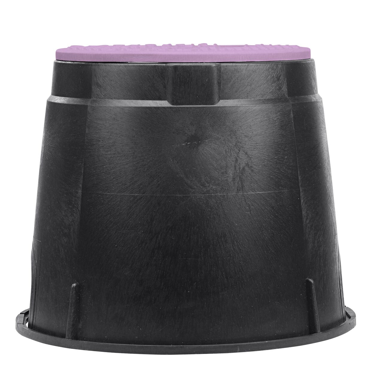 Side view of the non-pipe hole side of the NDS 10 in. round standard series valve box & purple reclaimed water cover (NDS 111BCR) which is engineered for superior strength with structural reinforcing ribs