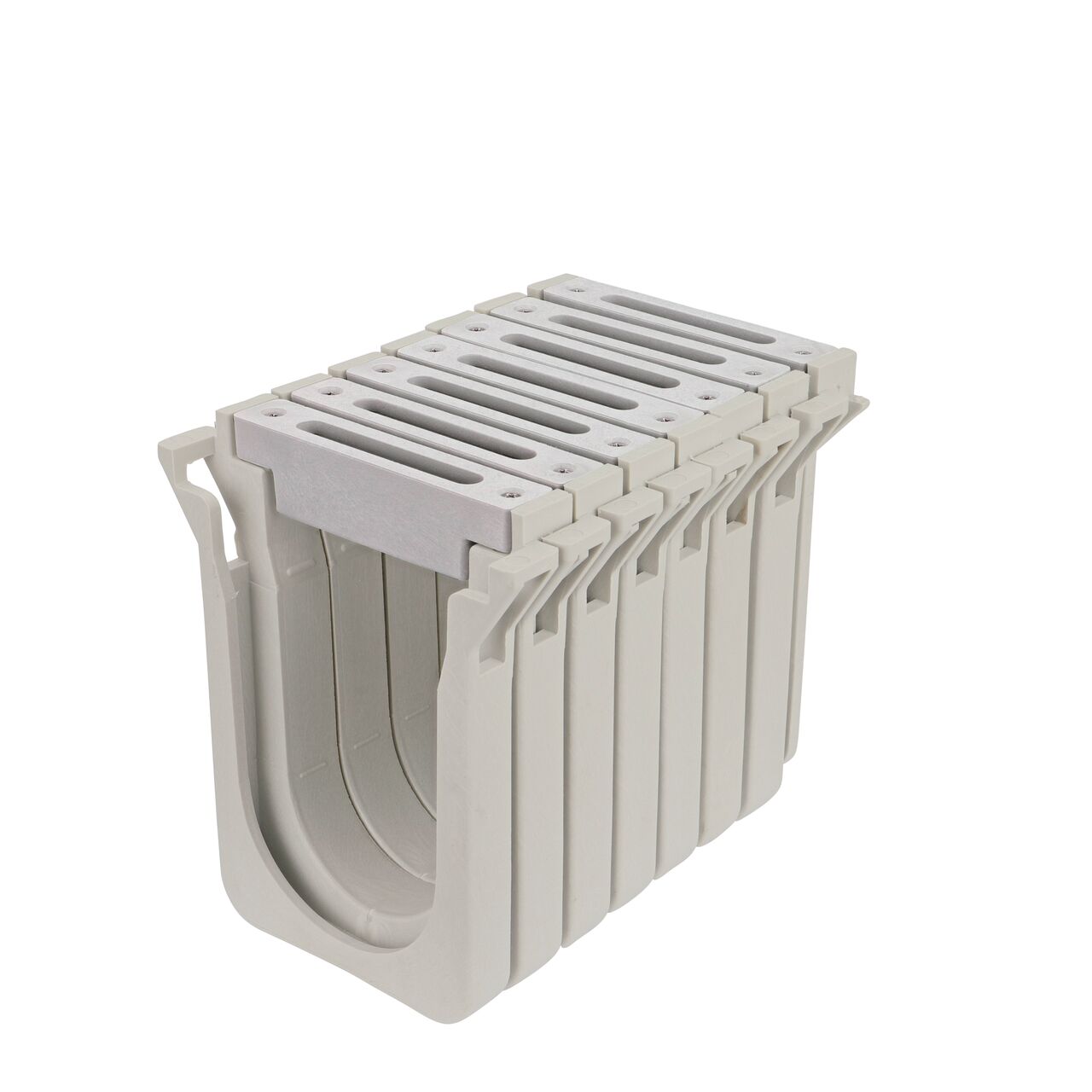 Seven 7.36 in. Deep NDS Dura Slope Channel Drain EZ-Track Radius Couplings (NDS DSRC-100) with seven Light Gray Dura Slope EZ-Track Radius Coupling Slotted Grates (NDS DS-661LGMG) installed