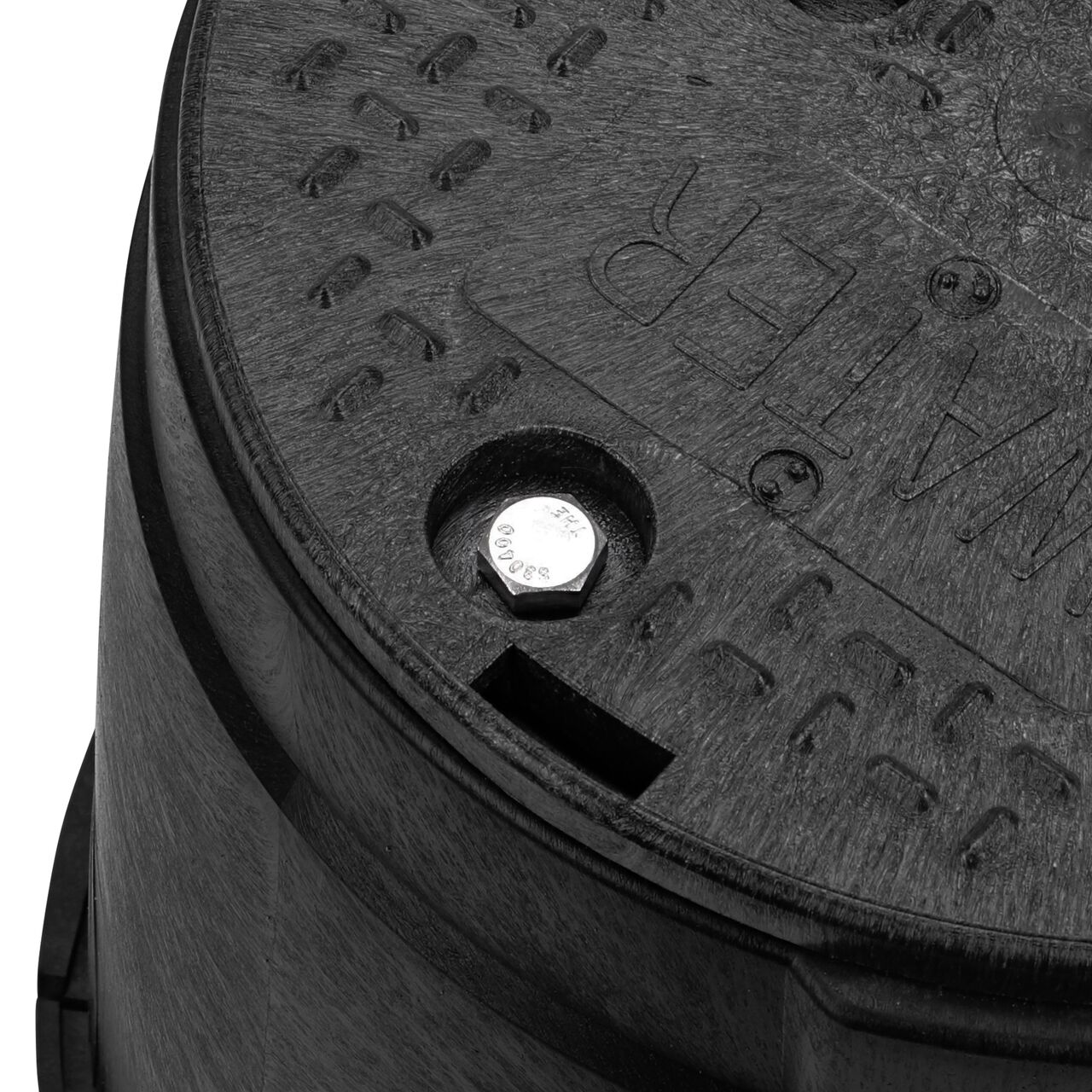 Closeup view of the Water markings on the Black Water cover for the NDS 10 in. Round Standard Series Valve Box (NDS 111BCBW)