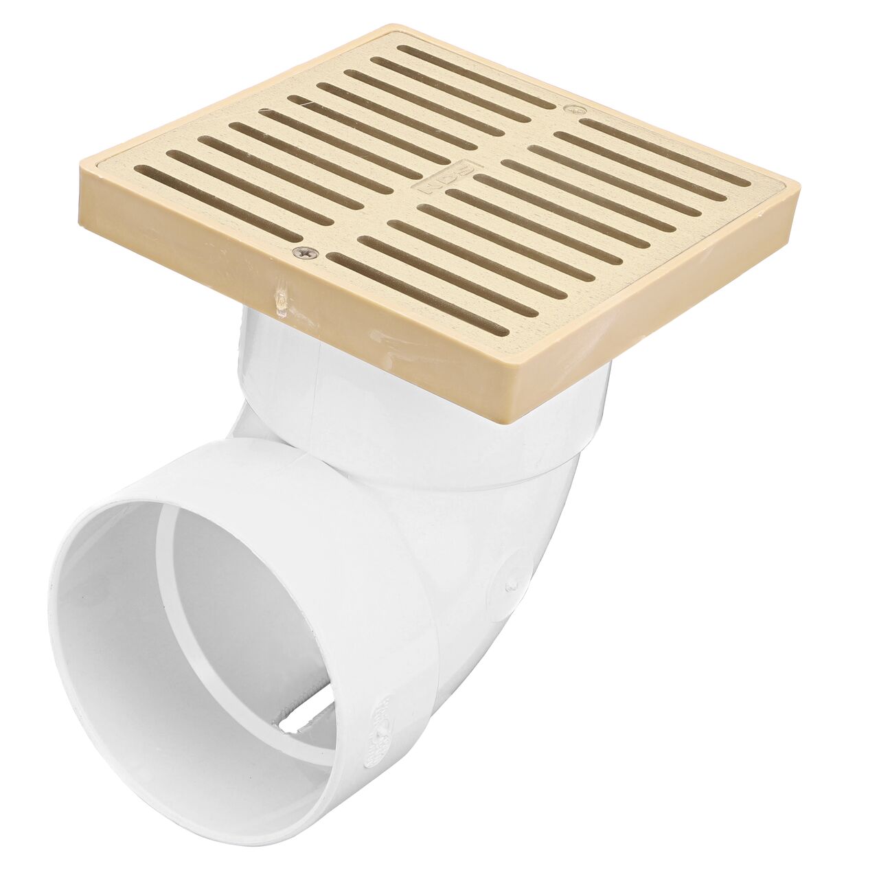 NDS Satin Brass and  plastic 6 in. Square Grate fits 3 & 4 in. Drain Pipes & Fittings installed in 4 in. S&D Elbow (NDS 920B)