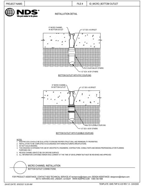 NDS Micro™ Channel Drains & Grates Bottom Outlet Installation Detail
