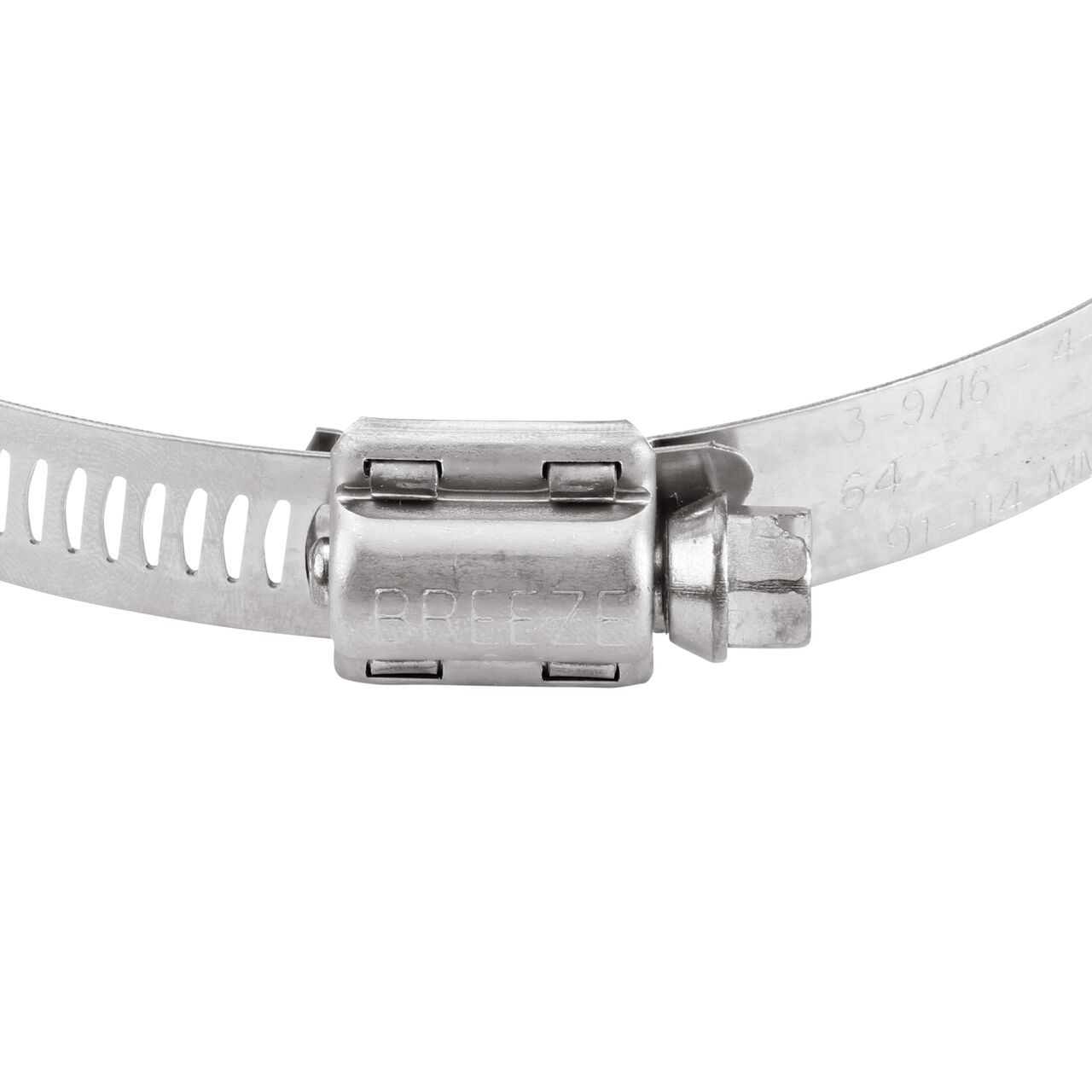 Closeup view of the two-piece clamp housing made of Series 300 Stainless Steel on the NDS SAE 64 Worm Drive Hose Clamp with Aero Seal 1/2 in. band width (NDS 64064H)