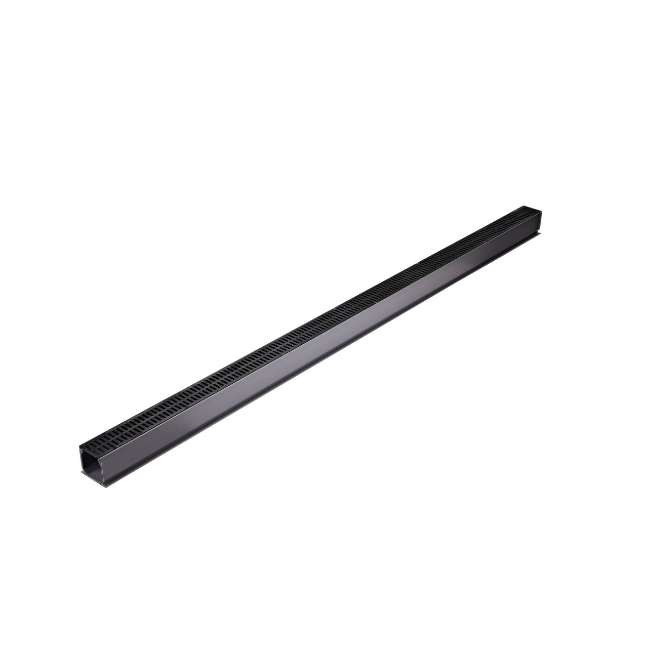 Two Black Plastic Mini Channel™ Drain Grates (NDS 543) as they fit on one Mini Channel™ Drain (NDS 500)