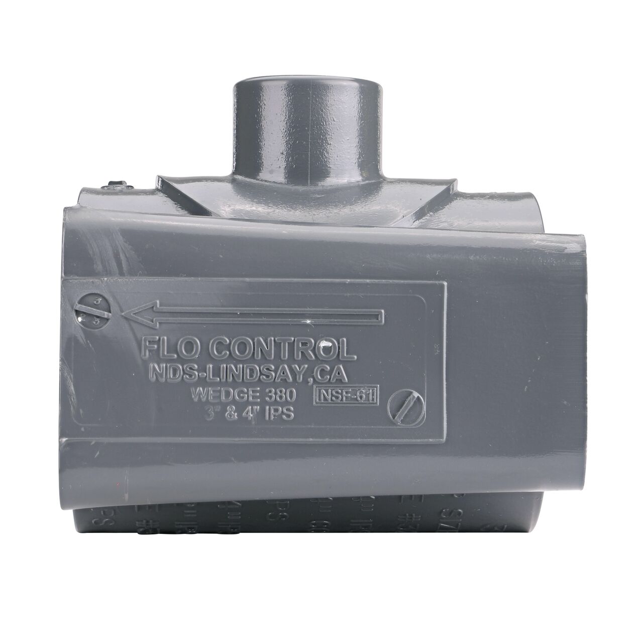 Side view showing patented wedge design in locked position on the NDS Clamp-It™ Rigid PVC Saddle with 1 in. slip connection on top (NDS 453010) for 3 in. PVC pipe