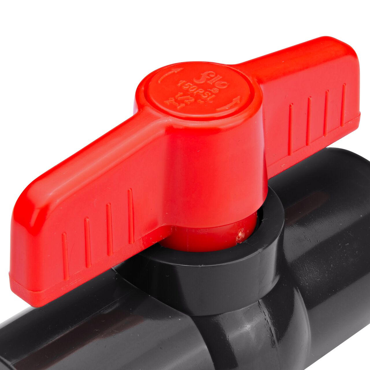 Closeup of the NDS IPS Ball Valve showing the handle that rotates two ways to control water flow (NDS E1620-05)