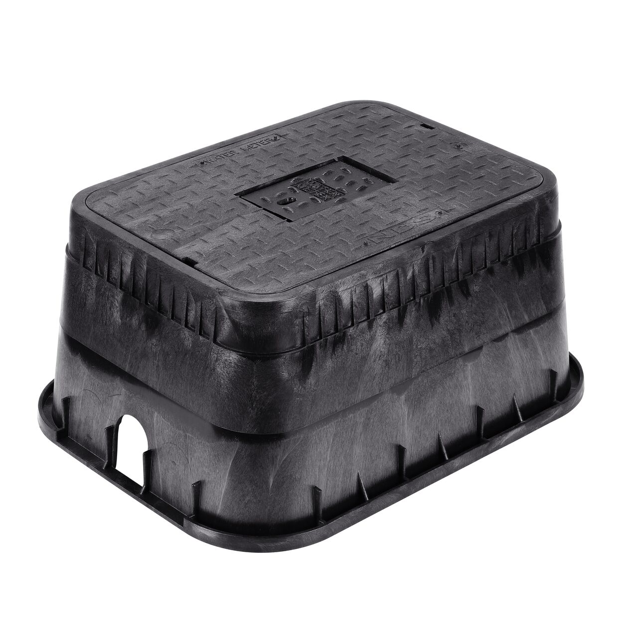 The NDS 13 in. X 20 in. Rectangular Standard Series Meter Box and Cover is a 12 in. high Black Box and Black Cover with Water Meter markings on the Drop-in lid (NDS D1500-DICIR) with a Cast Iron reader door and protects underground irrigation and sprinkler system components and keeps them out of sight