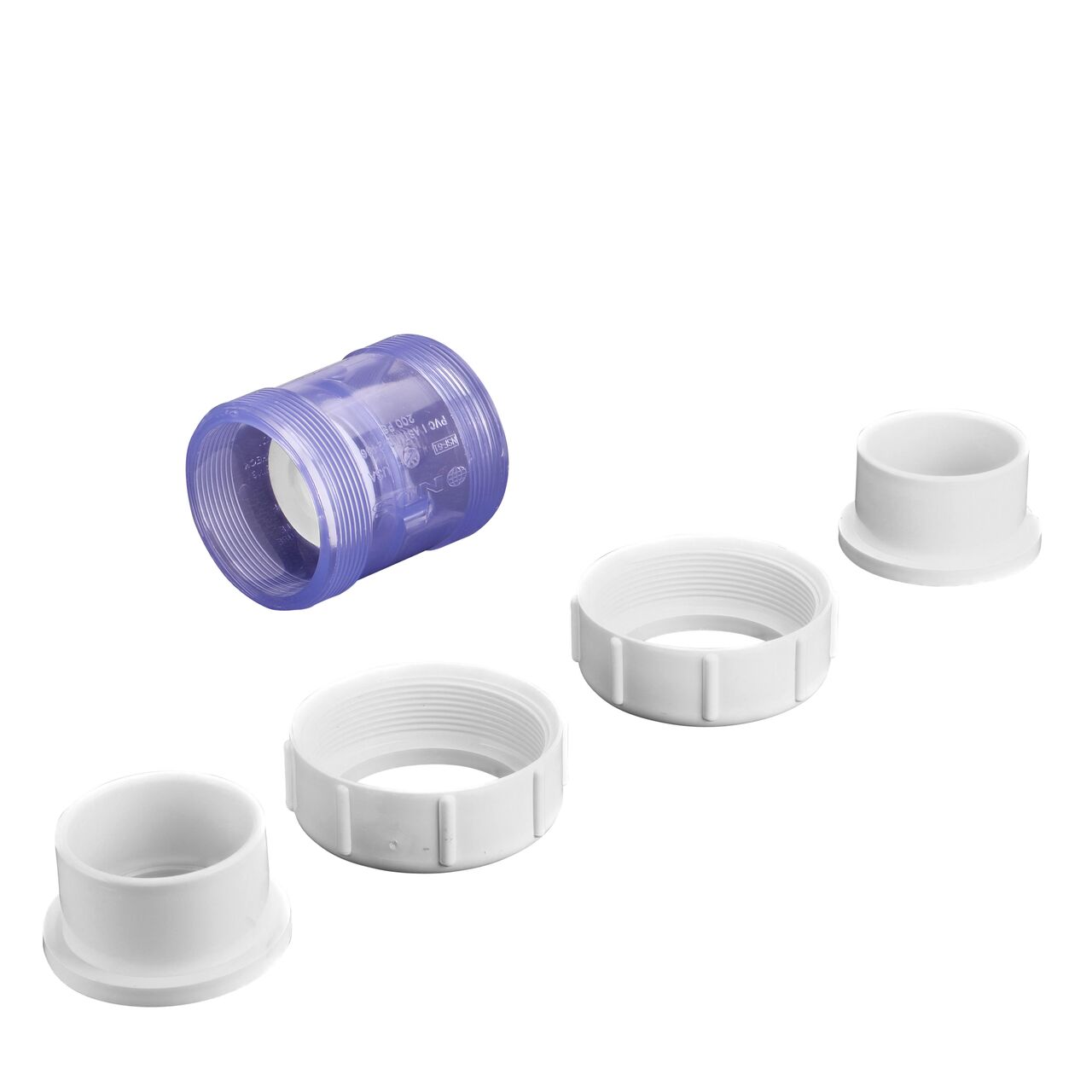 Unassembled view of the NDS Clear 2 in. IPS slip by slip PVC Compact True Union Spring Check Valve (NDS 1790C20) where ends unscrew to remove for maintenance
