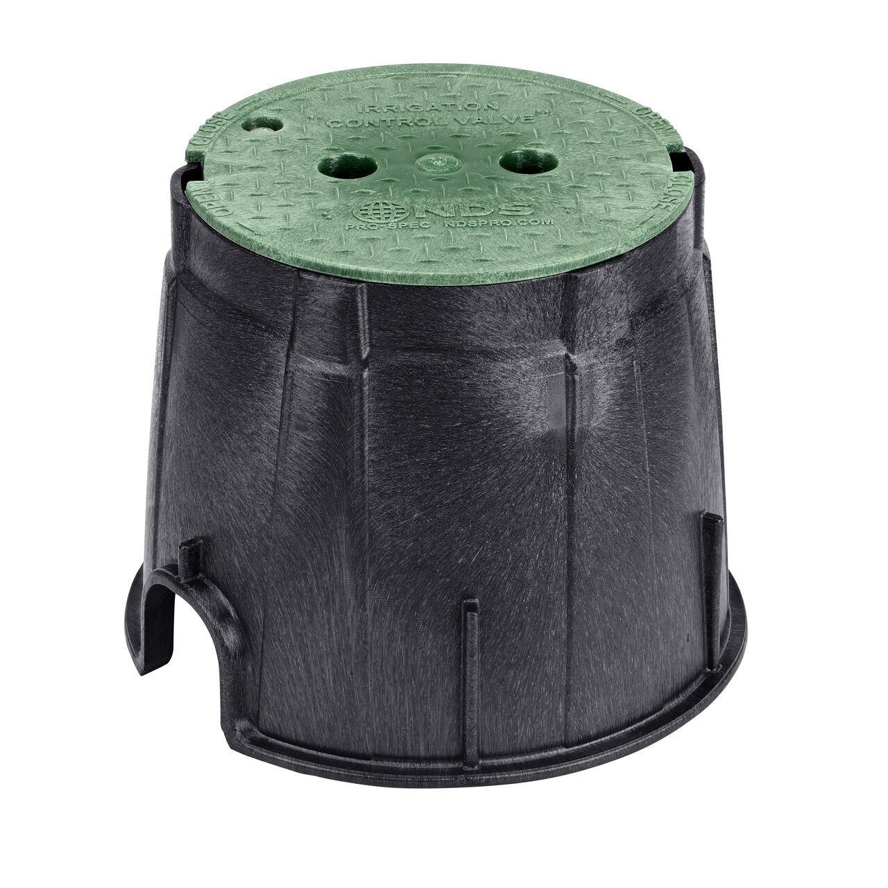 The NDS 10 in. Round Pro-Spec® Series Valve Box and Cover with Bolt is a 10 in. high Black Box and Green Cover with Irrigation Control Valve markings on the lid (NDS 311BCB) protect underground irrigation and sprinkler system components and keep them out of sight