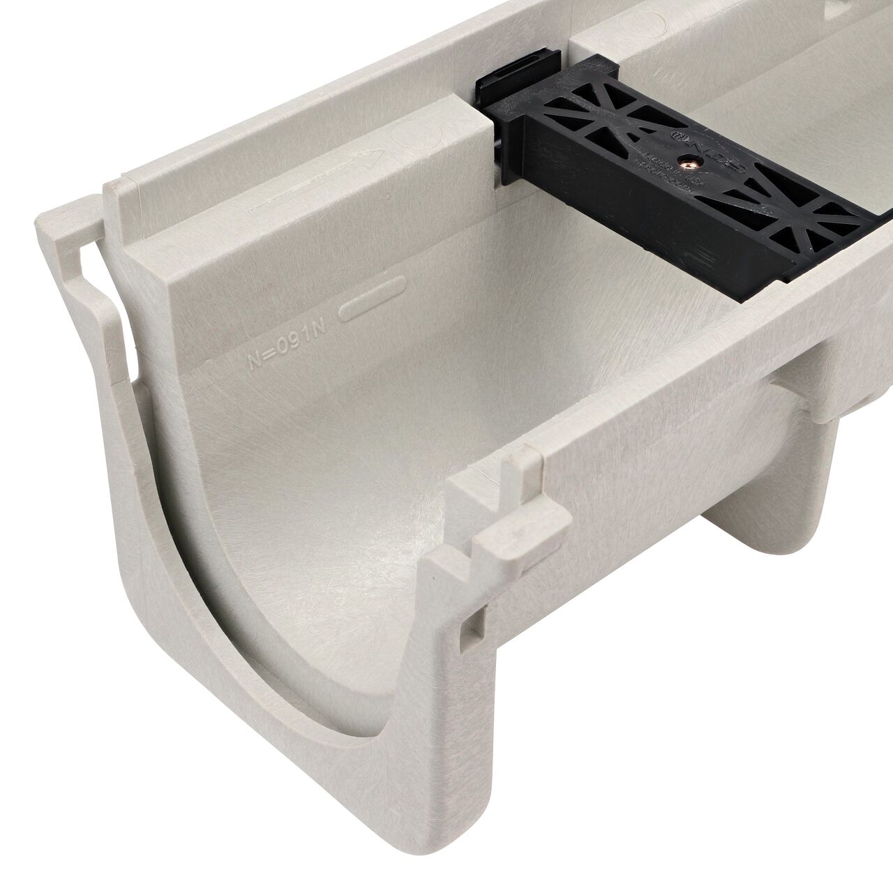 Closeup view of the Dura Slope Neutral Channel Drain, 4.34 in. Deep, with groove joints facing camera (NDS DS-103N)