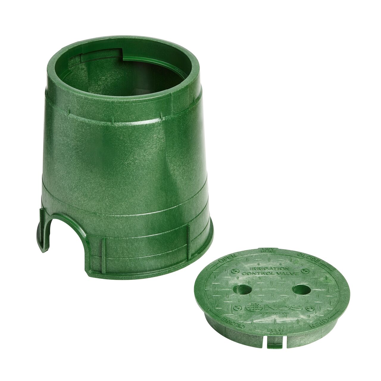 Unassembled View of the NDS 6 in. Round Standard Series Green Box and Green Irrigation Control Valve Cover (NDS 2108BC) showing the overlapping cover with a twist-lock lid or snap-in with two pre-molded finger indentations that can be knocked out if needed