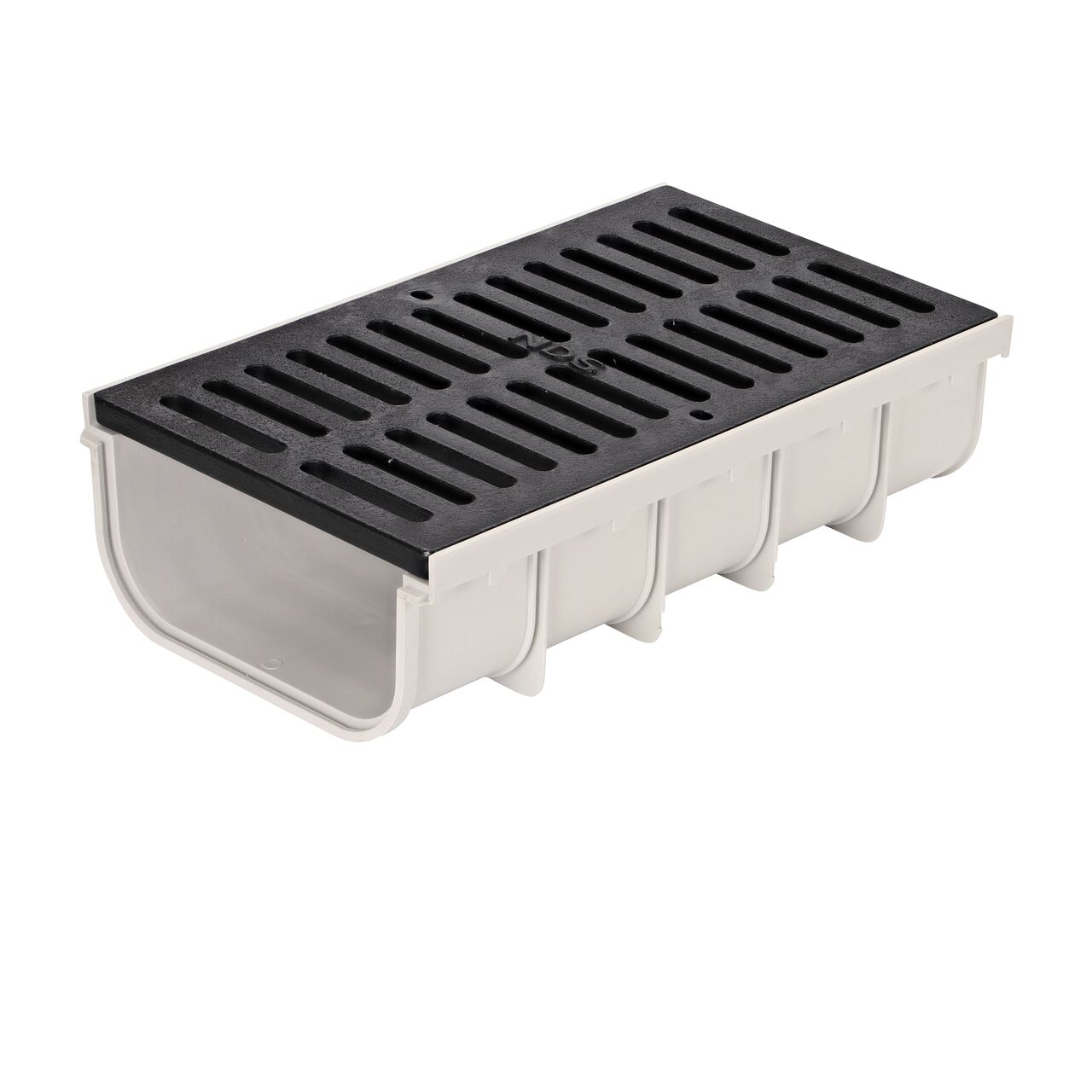 The NDS 12 in. Pro Series Channel™ Drain Grate, 11-3/4 in. wide X 19-1/2 in. long, Ductile Iron (NDS 885) sits firmly on the 12 in. Pro Series Channel™ Drain, Shallow Profile (NDS 840)