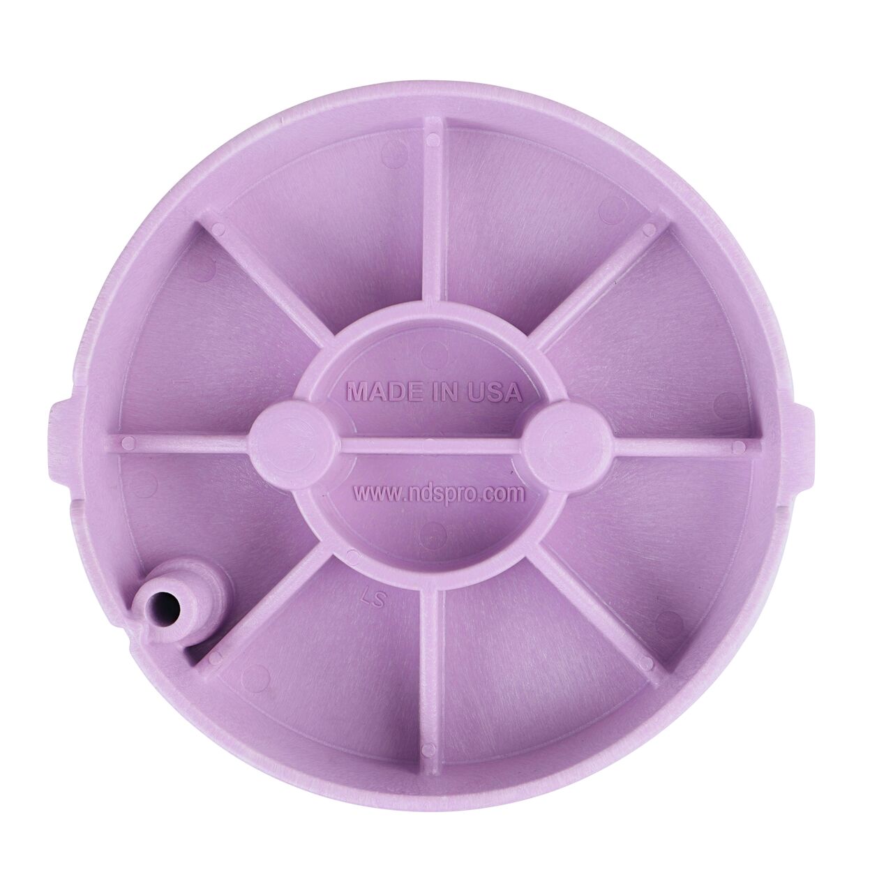 Top down view of the underside side of the Purple Reclaimed Water cover for the NDS 10 in. Round Pro-Spec® Series (NDS 312PBCBR) showing reinforcing ribs that are load rated to withstand pedestrian traffic and the rigors of lawn care equipment