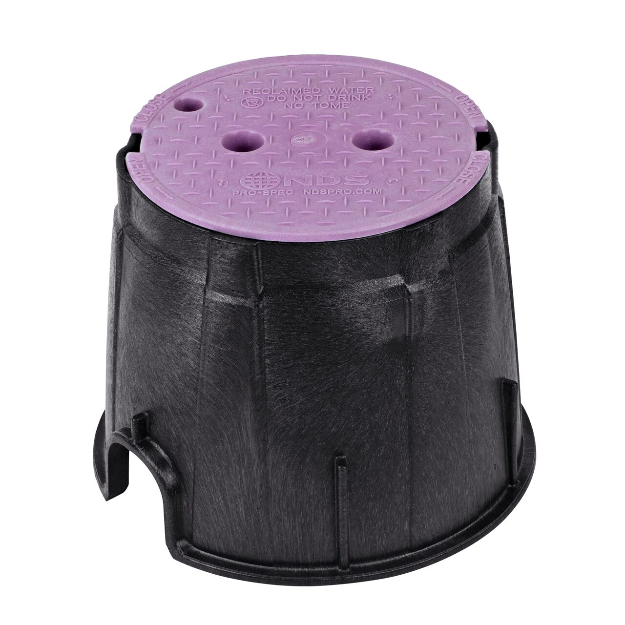 The NDS 10 in. Round Pro-Spec® Series Valve Box and Cover is an 10 in. high Black Box and Purple Cover with Reclaimed Water markings on the lid (NDS 311BCR); protect underground irrigation and sprinkler system components and keep them out of sight