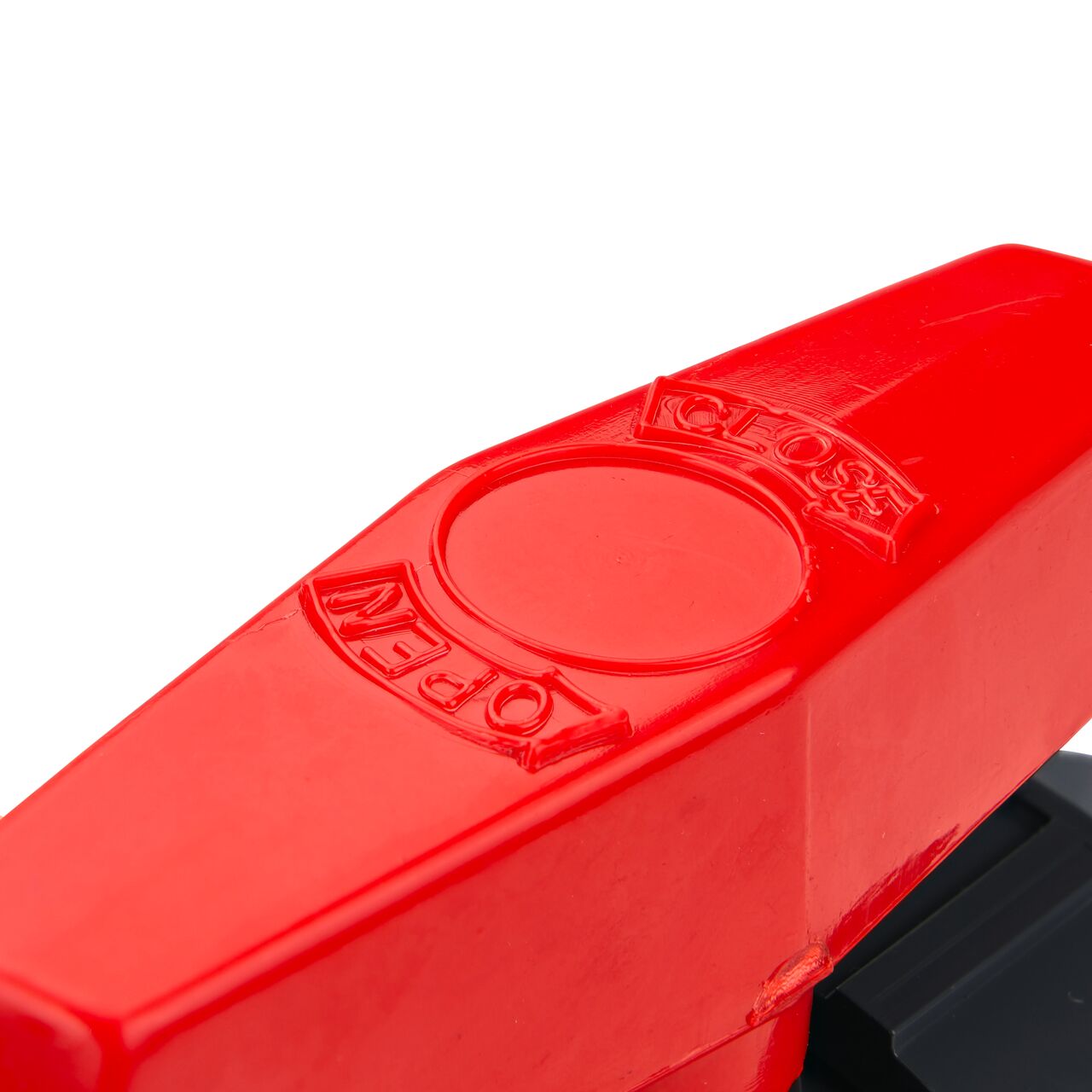 Closeup up view of the markings on the handle on the 1-1/2 in. PVC Slip & Threaded True Union Ball Valve (NDS BTU-1500-E) includings size and open and close.