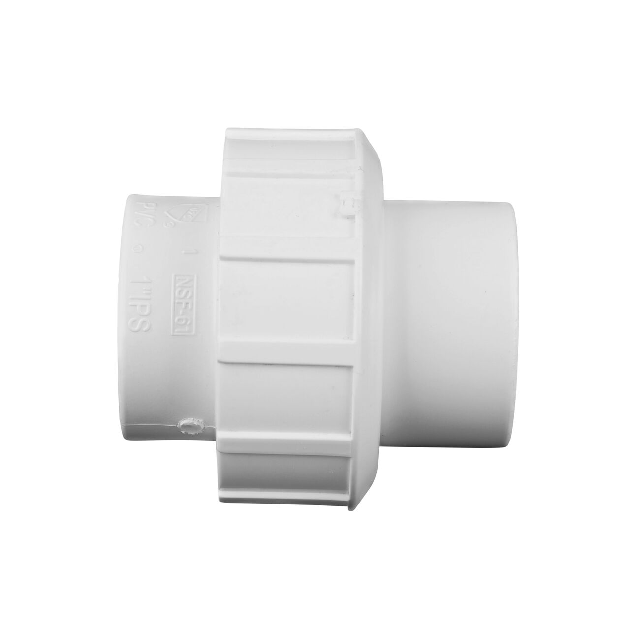 Side view of PVC Union, 1 in. Sch. 40 S X S showing two slip ends that slide onto Sch. 40 pipe ends (NDS WU-1000-S)