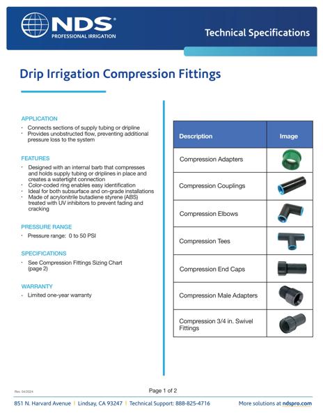 NDS Professional Irrigation Drip Irrigation Compression Fittings Tech Spec