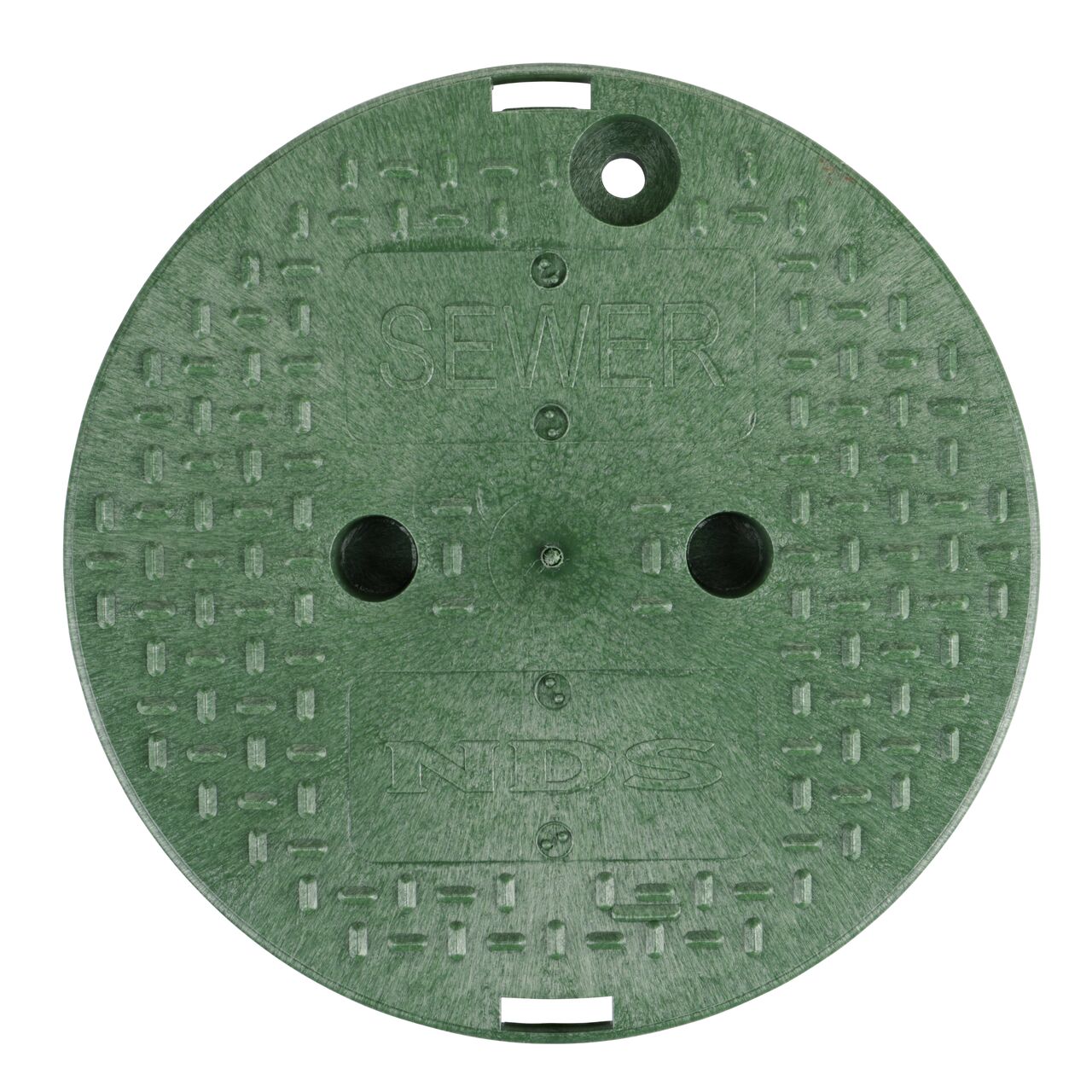 Top down view of the top side of the green sewer cover for the NDS 10 in. Round Standard Series (NDS 111BCS) shows markings, two finger slots to twist and remove lid
