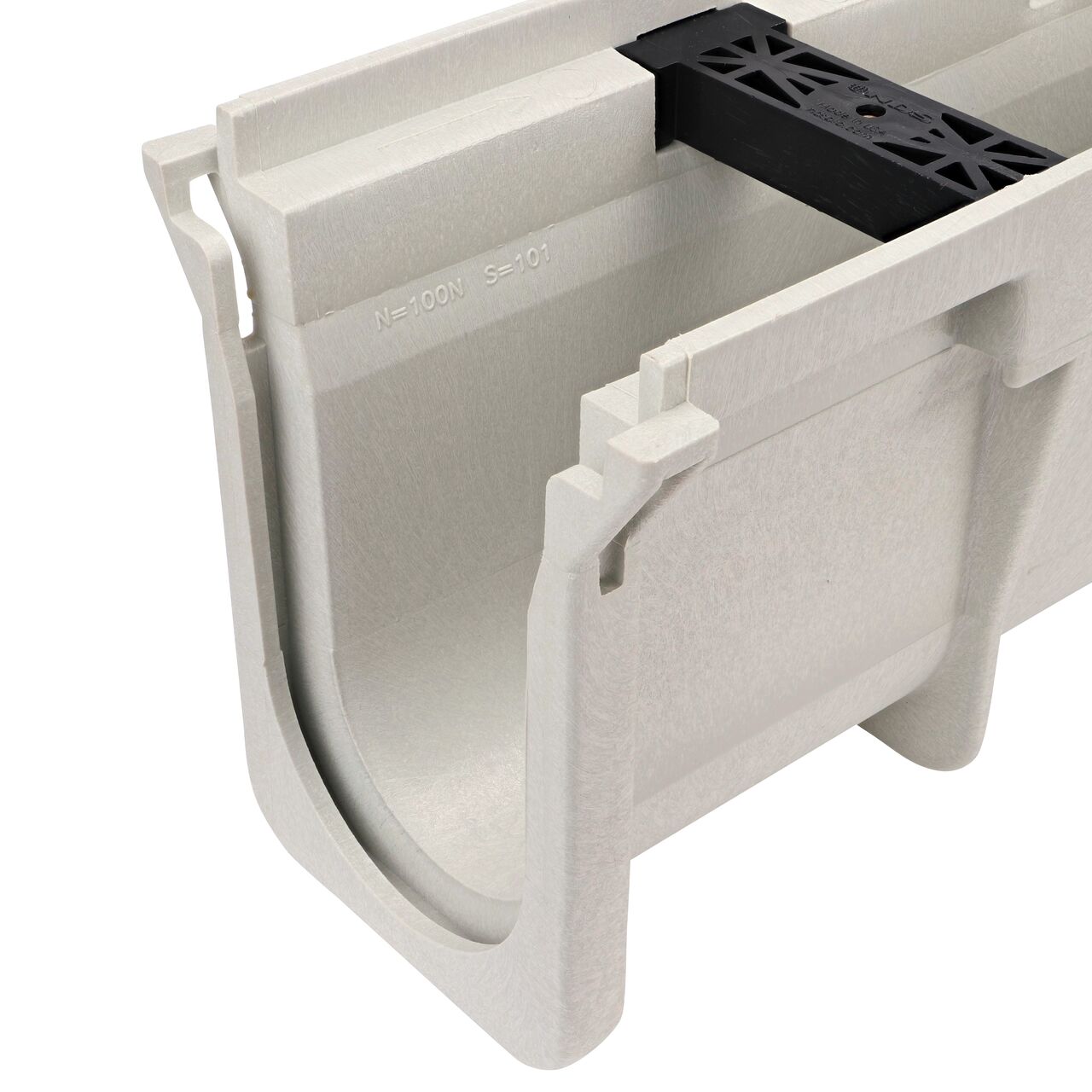 Closeup view of the NDS 7.36 in. Deep Neutral Dura Slope Channel (NDS DS-101N) with groove joints facing camera