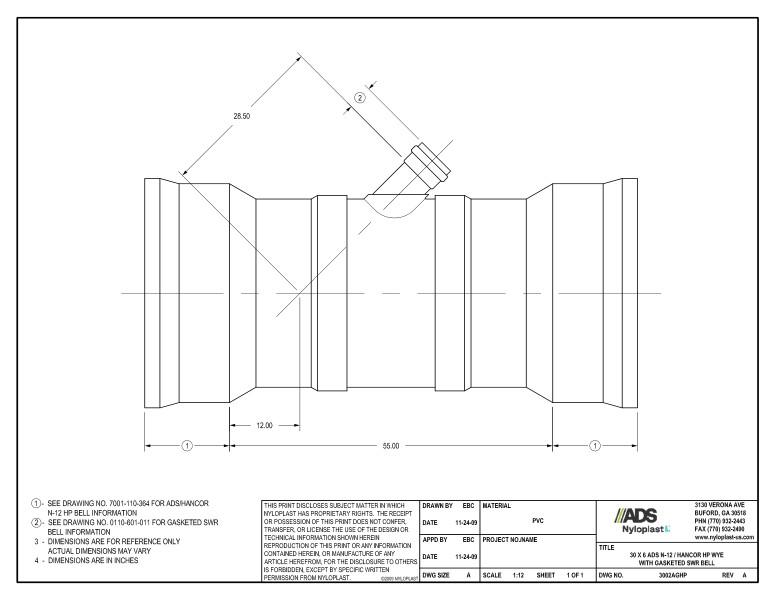 30 x 6 HP Wye with Gasketed SWR Bell Nyloplast Detail
