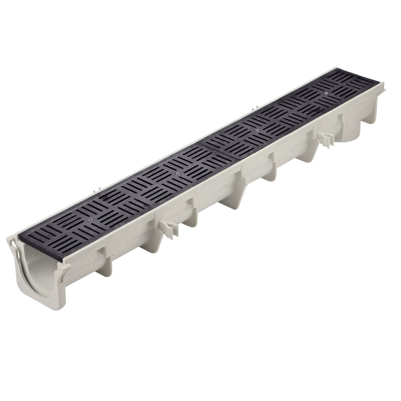 Two ductile iron deco slot design Dura Slope™ Channel Drain Grates (NDS DS-609) fit on one Dura Slope Channel Drain (NDS DS-091)
