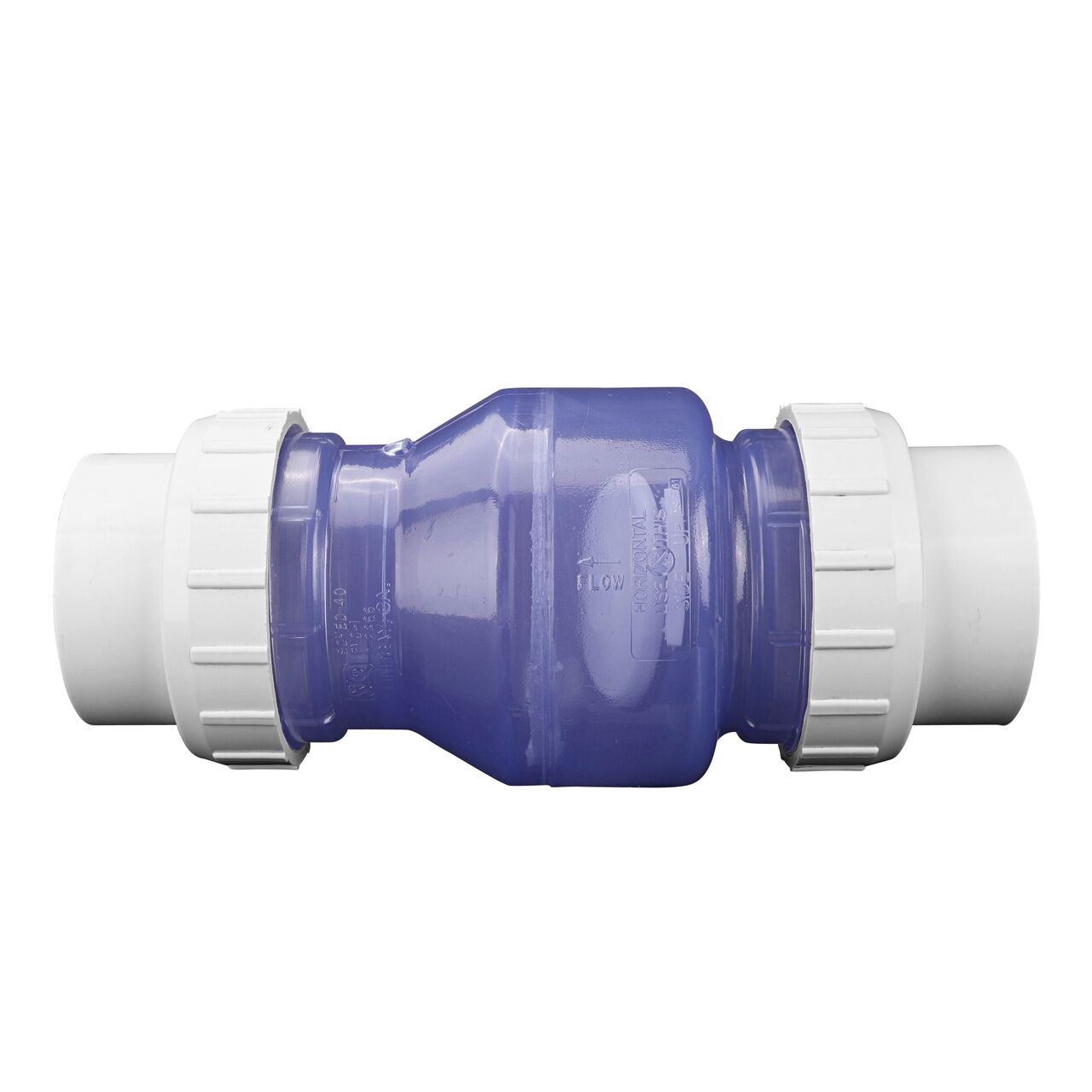 Side view on the NDS Clear 3 in. IPS U X U PVC True Union Swing Check Valve (NDS 1720C30)