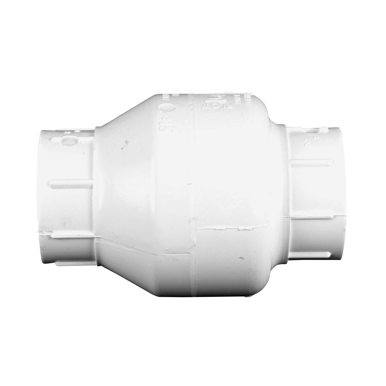 Side to side view of the NDS White 2 in. slip end by slip end with Viton™ O-Ring PVC Swing Check Valve (NDS 1520V20) which prevents backflow in pipelines
