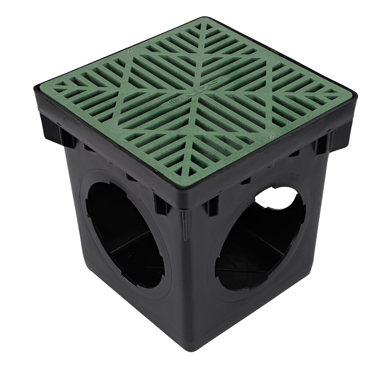 NDS black plastic 12 in. Catch Basin Drain with 3 Openings (NDS 1203) with a 12 in. Square Catch Basin Drain Grate, Green Plastic installed (NDS 1212*)