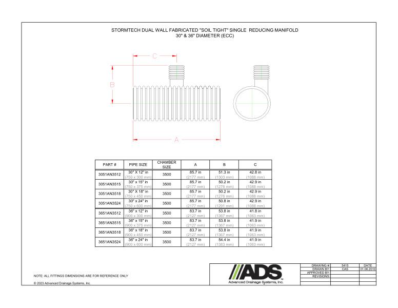30" & 36" StormTech Dual Wall Fabricated Soil Tight Single Reducing Manifolds (StormTech Dual Wall HDPE Fittings)